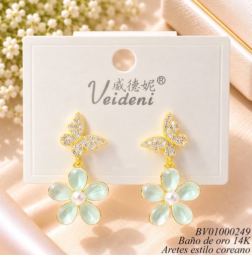 [BV01000249] ARETES BAÑO ORO 14K.  MARIPOSA ZIRC/FLOR RESINA VERDE MMEH-0530 (VEI080926)