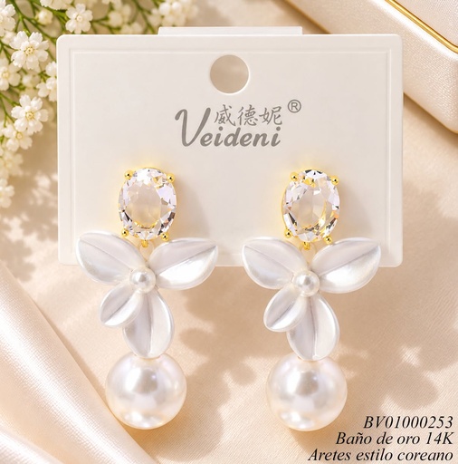 [BV01000253] ARETES BAÑO ORO 14K. ZIRC. OV./FLOR BLANCA/PALITO/PERLA MMEH-0376 (VEI080926)