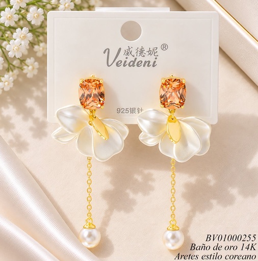 [BV01000255] ARETES BAÑO ORO 14K. ZIRC. OV. CAFE/PETALOS BLANCOS/PERLA MMEH-0505(VEI080926)