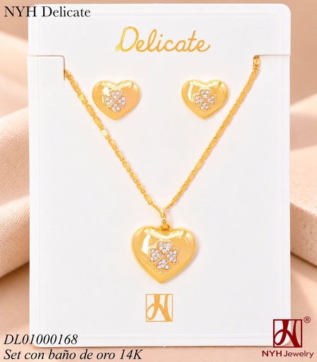 [DL01000168] SET BAÑO DE ORO 14K.CORAZON INFLADO ZIRC. TREBOL WD4829A MR (OC.)