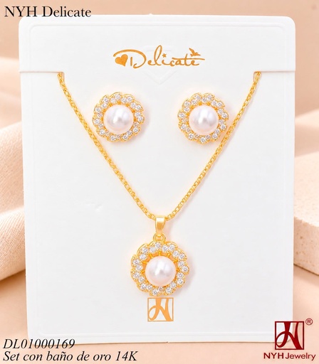 [DL01000169] SET BAÑO DE ORO 14K.BASE CIRCULO ZIRC.C/PERLA CX376A (OC.)