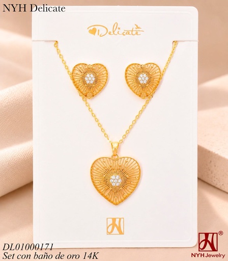 [DL01000171] SET BAÑO DE ORO 14K.CORAZON DE LINEAS ZIRC. LHH313A (OC.)