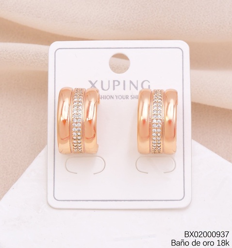 [BX02000937] ARETES BAÑO DE ORO 18K."C" ANCHAS LINEAS ZIRC. (XAG)