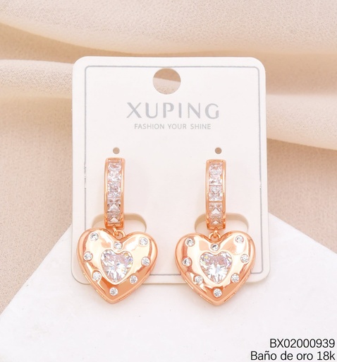 [BX02000939] ARETES HUGGIES BAÑO DE ORO 18K.CORAZON ZIRC.(XAG)