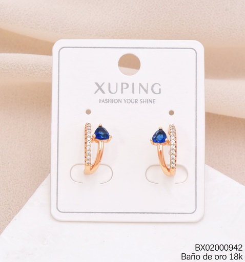 [BX02000942] ARETES BAÑO DE ORO 18K."C" DOBLE C/CORAZON AZUL (XAG)