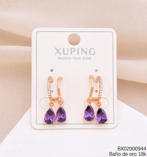 [BX02000944] ARETES BAÑO DE ORO 18K."C" DOBLE C/GOTAS MORADA (XAG)