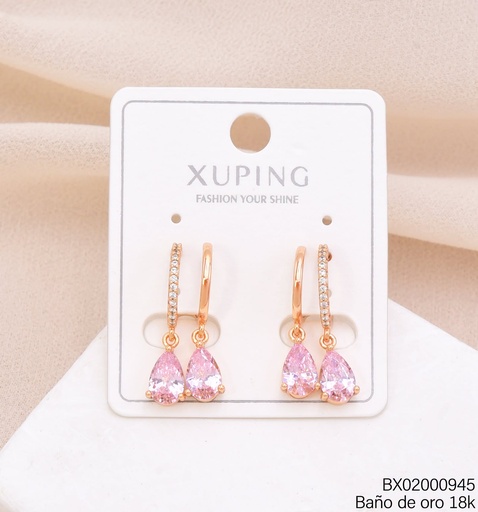 [BX02000945] ARETES BAÑO DE ORO 18K."C" DOBLE C/GOTAS ROSADAS (XAG)