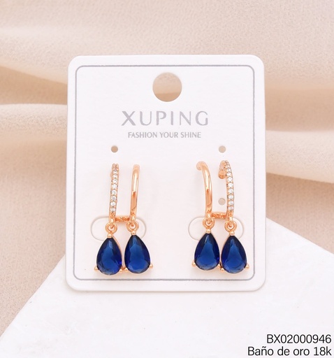 [BX02000946] ARETES BAÑO DE ORO 18K."C" DOBLE C/GOTAS AZULES (XAG)