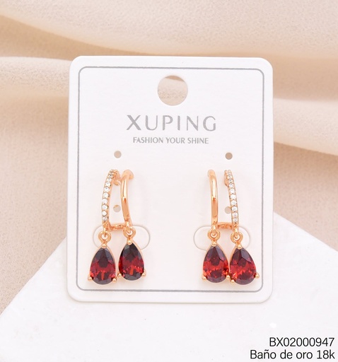 [BX02000947] ARETES BAÑO DE ORO 18K."C" DOBLE C/GOTAS ROJAS (XAG)