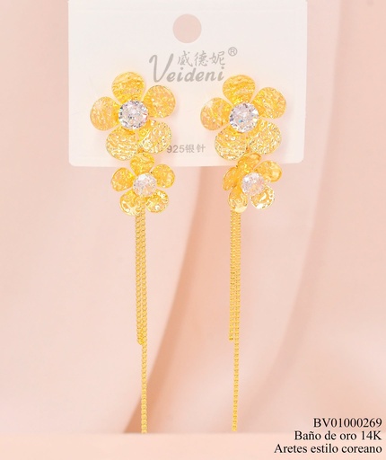 [BV01000269] ARETES BAÑO DE ORO 14K. DOBLE FLOR CORRUGADA /COLGANTES MMEH-0567 (2VEI211026)