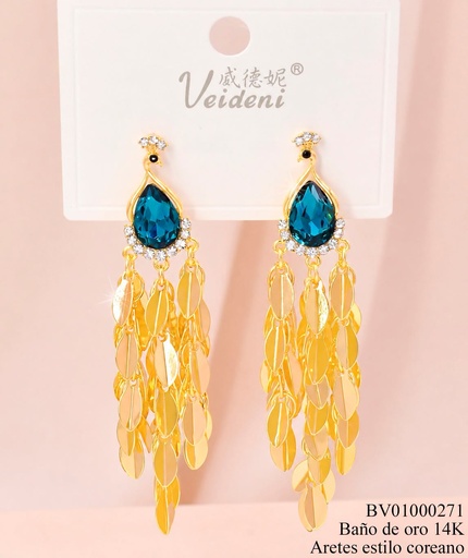 [BV01000271] ARETES BAÑO DE ORO 14K. PAVO REAL/HOJITAS COLGANTES EH-3677 (2VEI211026)