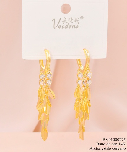 [BV01000275] ARETES BAÑO DE ORO 14K. HUGGIES/LINEAS ZIRC/HOJITAS COLGANTES EH-3733 (2VEI211026)