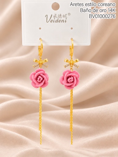 [BV01000276] ARETES HUGGIES BAÑO DE ORO 14K  FLOR ROSADA GAMUZA/COLGANTES EH-4483 (VEI080926)