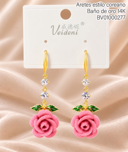 [BV01000277] ARETES BAÑO DE ORO 14K  FLOR ROSADA GAMUZA C/HOJITAS EH-4483 (VEI080926)