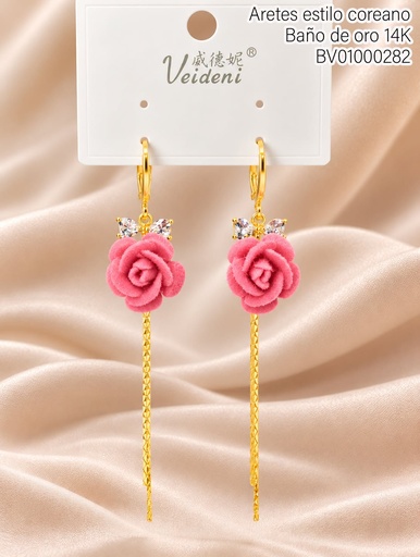 [BV01000282] ARETES HUGGIES BAÑO DE ORO 14K. FLOR ROSADA GAMUZA/COLGANTES/LAZO ZIRC EH-4413 (VEI080926)