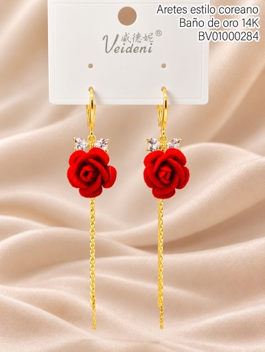 [BV01000284] ARETES HUGGIES BAÑO DE ORO 14K. FLOR ROJA GAMUZA/COLGANTES/LAZO ZIRC. EH-4413 (VEI080926)