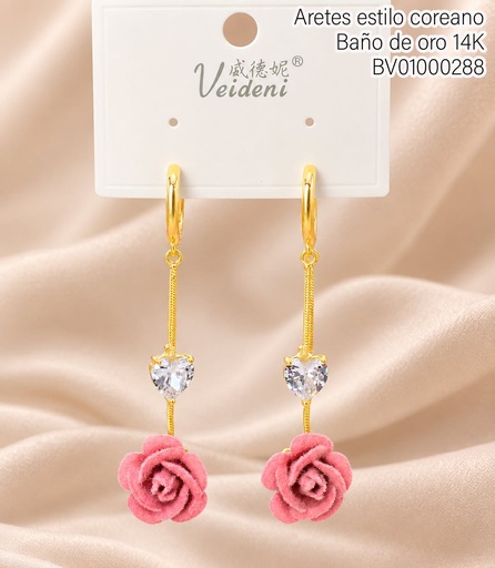 [BV01000288] ARETES HUGGIES BAÑO DE ORO 14K. FLOR ROSADA GAMUZA/CORAZON ZIRC. EH-3774 (VEI080926)