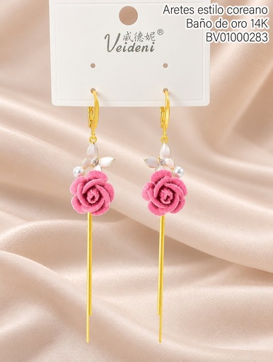[BV01000283] ARETES HUGGIES BAÑO DE ORO 14K. FLOR ROSADA GAMUZA GOTA ZIRC. EH-4479 (VEI080926)