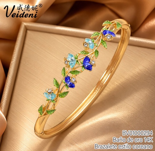 [BV01000294] BRAZALETE BAÑO DE ORO 14K. ROSAS CELESTES-AZUL COL.DSZ-034 (2VEI1211026)