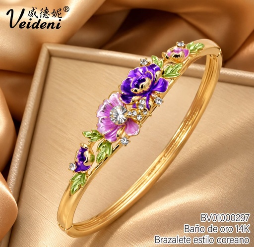 [BV01000297] BRAZALETE BAÑO DE ORO 14K.FLORES LILAS-MORADAS DSZ-136 (2VEI1211026)