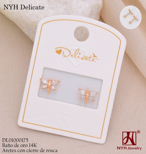 [DL01000175] ARETES ROSCAS BAÑO DE ORO 14K.LIBELULA ZIRC. SH5440A (DEL211026)