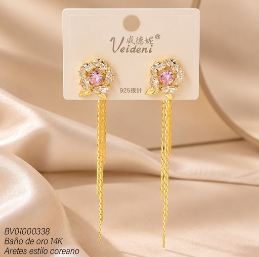 [BV01000338] ARETES LARGOS BAÑO DE ORO 14K.ROSA ZIRC.ROSADA EH-1608 (VEI080926)