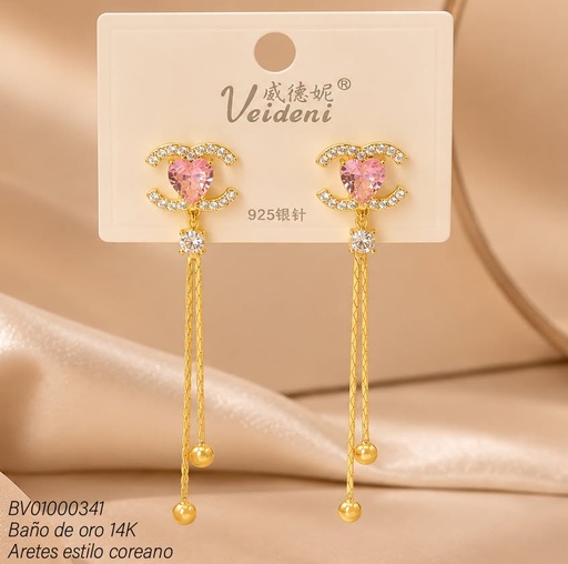 [BV01000341] ARETES LARGOS BAÑO DE ORO 14K.DOBLE "CC" ZIRC.ROSA EH-3638 (VEI080926)