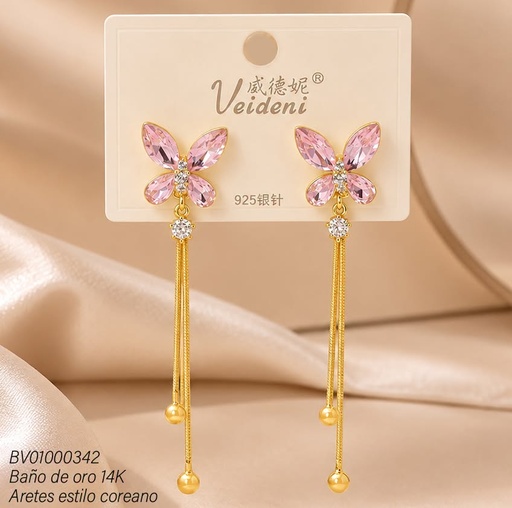 [BV01000342] ARETES LARGOS BAÑO DE ORO 14K.MARIPOSA ZIRC.ROSADA EH-4168 (VEI080926)