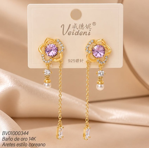 [BV01000344] ARETES LARGOS BAÑO DE ORO 14K.FLOR C/ZIRC.LILA EH-4211 (VEI080926)
