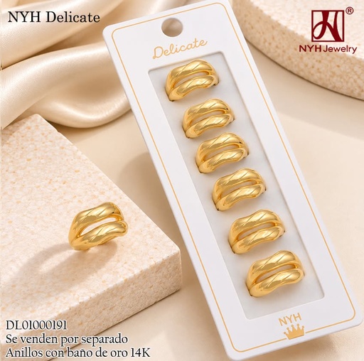 [DL01000191] ANILLO BAÑO DE ORO 14K.  2 LINEAS HORIZ. CURVAS HT1048A (DEL211026)