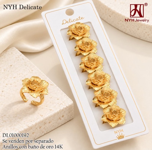 [DL01000192] ANILLO BAÑO DE ORO 14K.  AJUSTABLE FLOR RAYADA HT1351A (DEL211026)