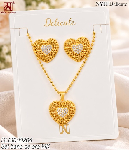 [DL01000204] SET BAÑO DE ORO 14K. PELOTITAS/CORAZON CALADO/CORAZON ZIRC CENTRO HT1155A (DEL211026)