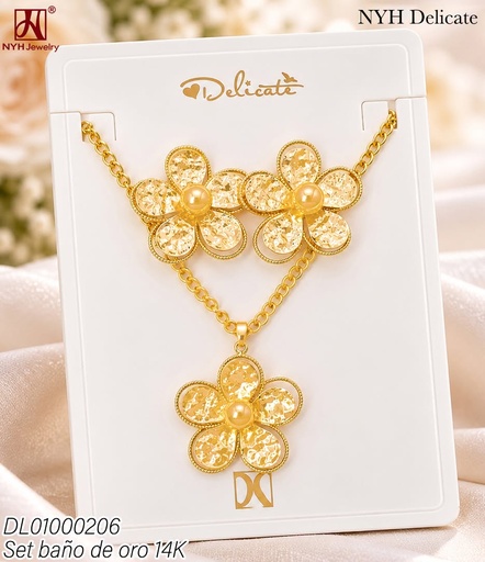 [DL01000206] SET BAÑO DE ORO 14K. FLOR TEXTURIZADA XJST174B (DEL211026)