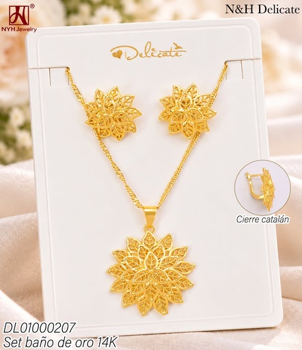 [DL01000207] SET BAÑO DE ORO 14K. FLOR CALADA LH937A (DEL211026)