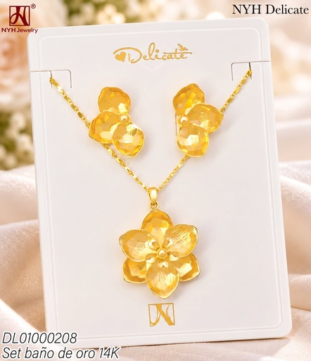 [DL01000208] SET BAÑO DE ORO 14K. FLOR C/ TEXTURA GEOMETRICA XJST172A  (DEL211026)