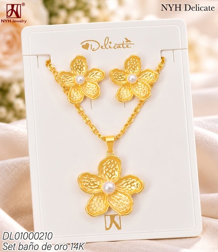 [DL01000210] SET BAÑO DE ORO 14K. FLOR PUNTEADA/PERLA CENTRO WD4886A (DEL211026)