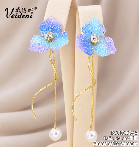 [BV01000345] ARETES BAÑO DE ORO 14K.FLOR 3 PETALOS CELESTES C/COLGANTES EH-4702 (2VEI211026)