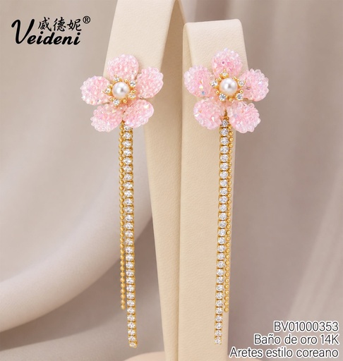 [BV01000353] ARETES BAÑO DE ORO 14K.FLOR ROSADA/PERLA/COLGANTES EH-4687 (2VEI211026)