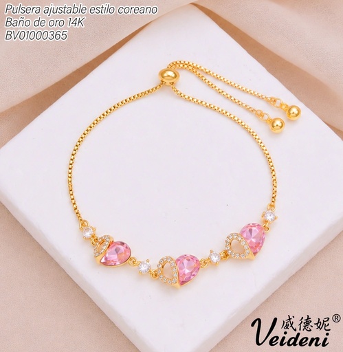 [BV01000365] PULSERA AJUSTABLE BAÑO DE ORO 14K.3 CORAZONES ZIRC. SL0558 (VEI211026)
