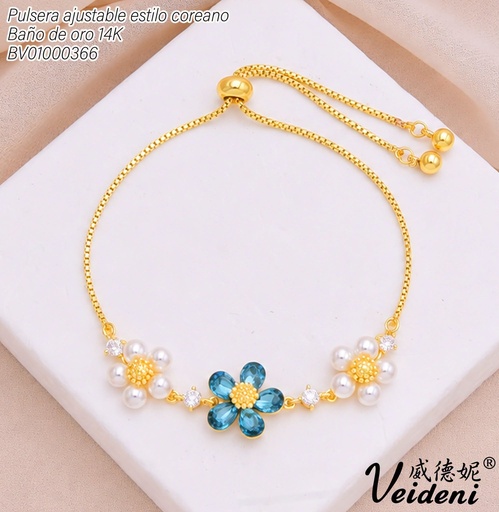 [BV01000366] PULSERA AJUSTABLE BAÑO DE ORO 14K.3 FLORES ZIRC AZUL-PERLAS SL-0512 (VEI211026)