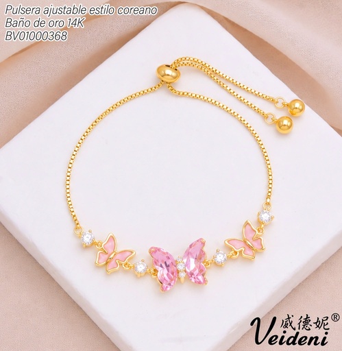 [BV01000368] PULSERA AJUSTABLE BAÑO DE ORO 14K. 3 MARIPOSA ZIRC.ROSADA COL SL-0547 (VEI211026)