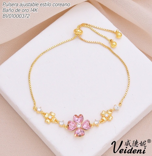 [BV01000372] PULSERA AJUSTABLE BAÑO DE ORO 14K.3 FLORES ZIRC ROSADA-DOR. SL-0511 (VEI211026)