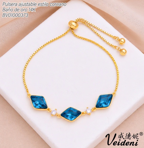 [BV01000373] PULSERA AJUSTABLE BAÑO DE ORO 14K.3 ROMBOS ZIRC AZUL SL-0520 (VEI211026)
