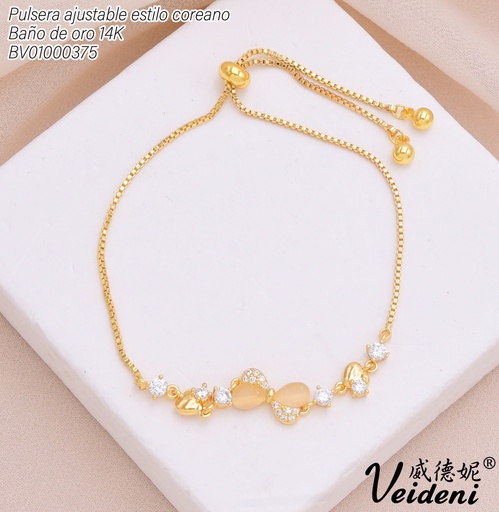 [BV01000375] PULSERA AJUSTABLE BAÑO DE ORO LAZOS-CORAZONES BEIGE SL-0554 (VEI211026)