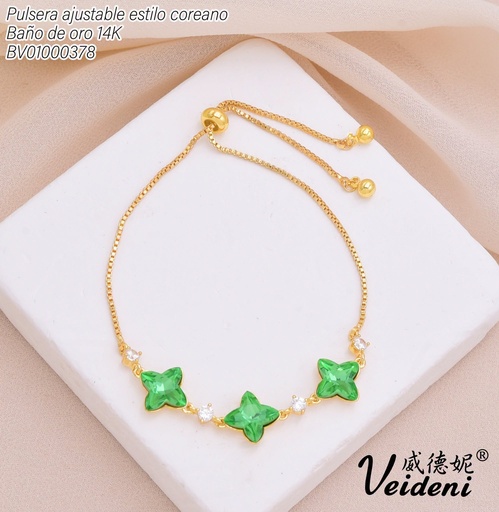 [BV01000378] PULSERA AJUSTABLE BAÑO DE ORO 14K.3 VAN CLEEF ZIRC.VERDES SL-0515 (VEI211026)