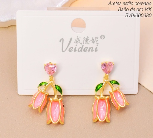 [BV01000380] ARETES BAÑO DE ORO 14K.ZIRC/2 TULIPAN ROSA C/TALLO EH-3827 (2VEI211026)