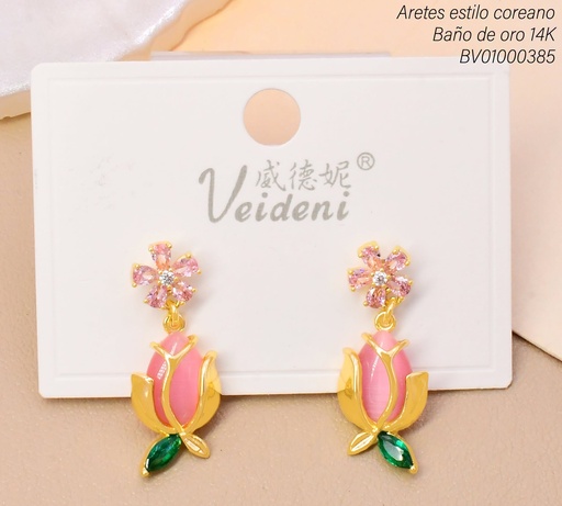 [BV01000385] ARETES BAÑO DE ORO 14K.FLOR/TULIPAN ROSADO ZIRC.C/TALLO EH-3812 (2VEI211026)