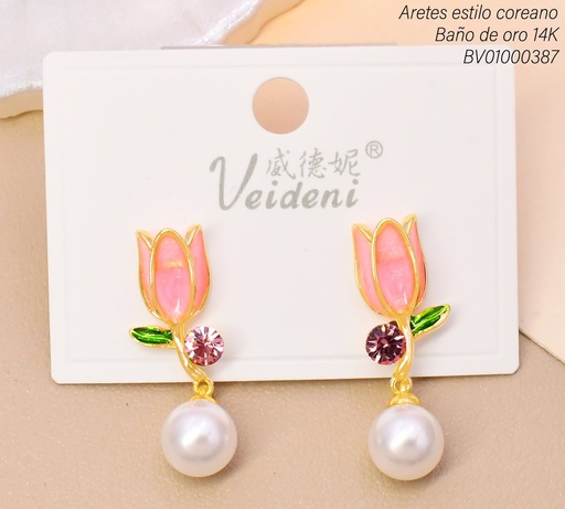 [BV01000387] ARETES BAÑO DE ORO 14K.TULIPAN ROSADO C/PERLA EH-3778 (2VEI211026)