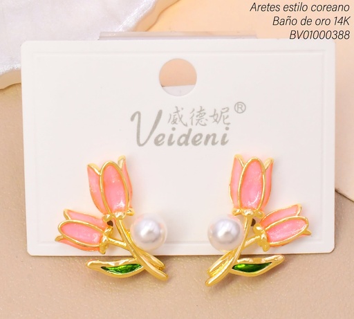 [BV01000388] ARETES BAÑO DE ORO 14K.TULIPAN ROSADO C/PERLA EH-3830 (2VEI211026)