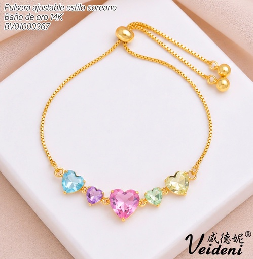 [BV01000367] PULSERA AJUSTABLE BAÑO DE ORO 14K. 5 CORAZONES ZIRC. COL SL-0564 (VEI211026)